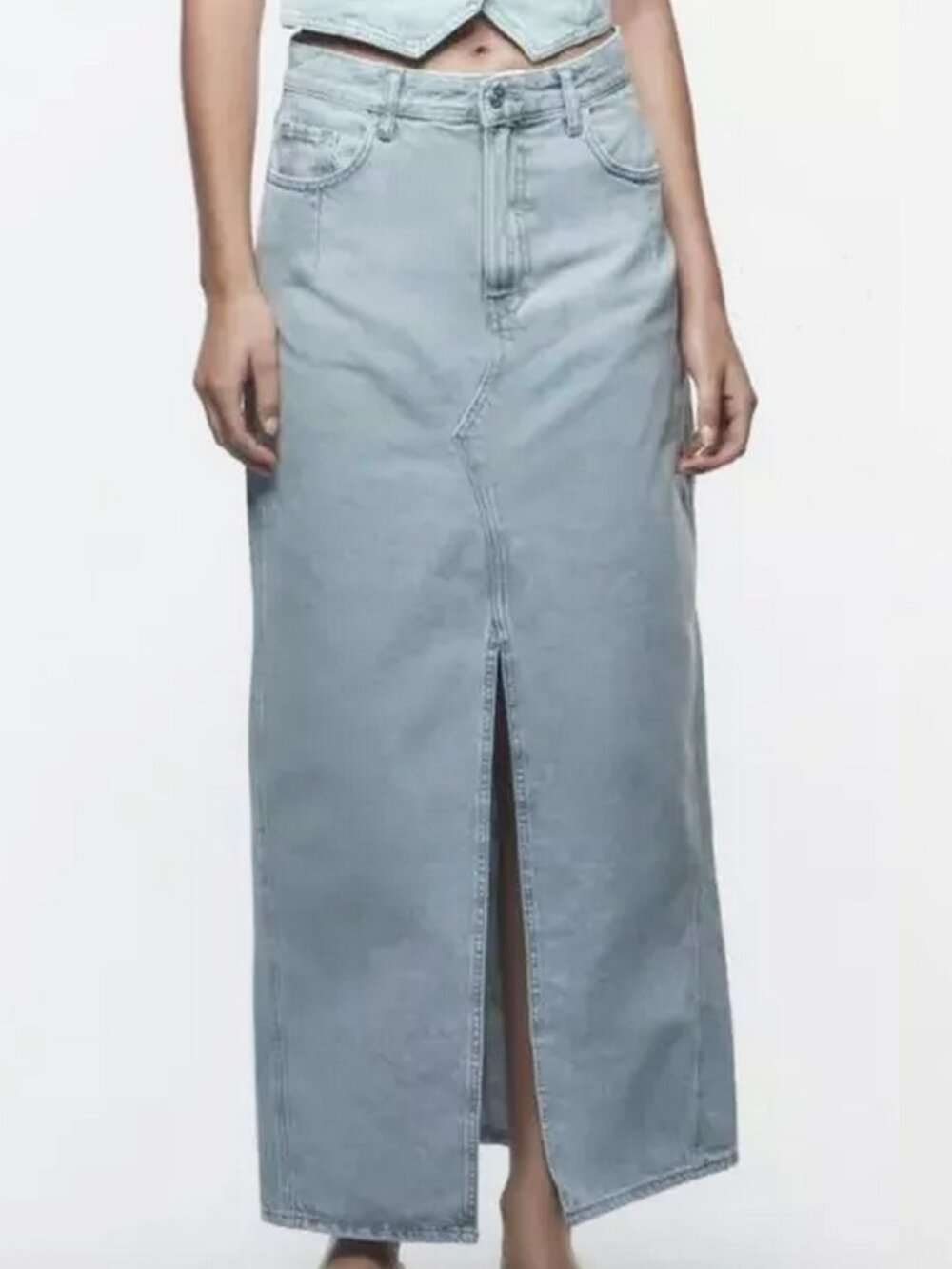 Zara Washed Denim Front Slit Maxi Skirt